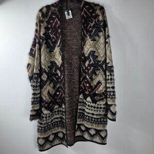 BCBG Womens Geometric Southwest Fuzzy Knit‎ Cardigan L  Open Long Sleeve Sweater